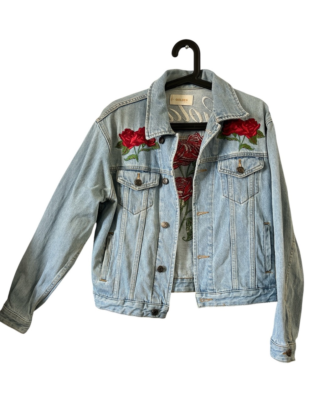 Golden by TNA Light Wash Denim Jacket with Red Rose Embroidery